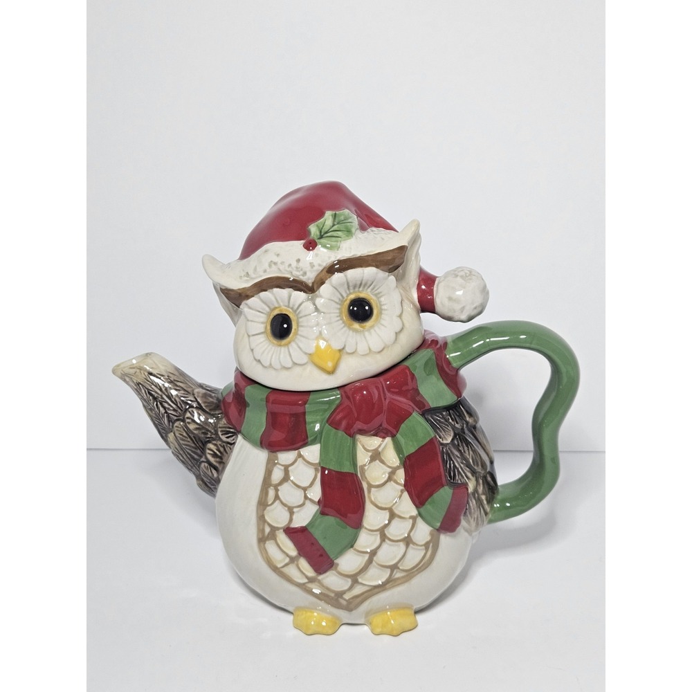 Cracker Barrel Christmas Owl Teapot Holiday Stoneware Santa Hat Striped Scarf